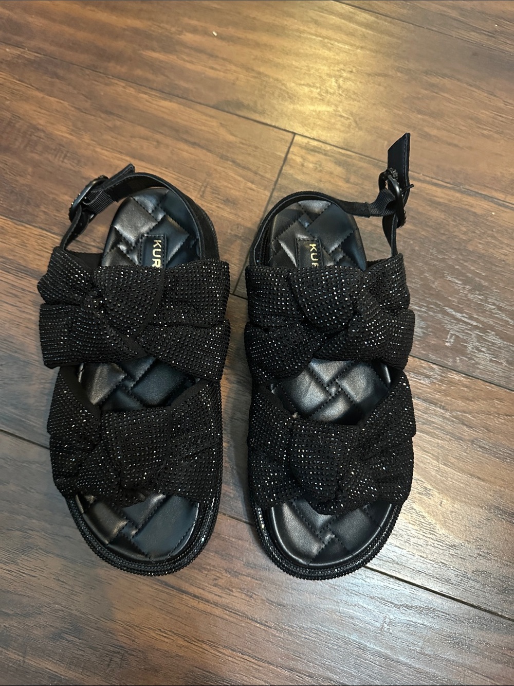 Kurt Geiger Black Glitter Bow Sandal Slides